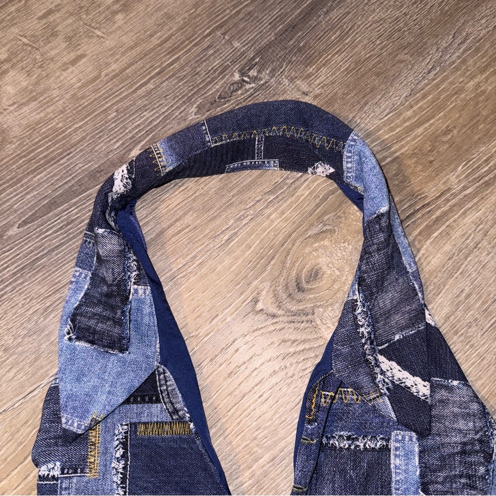 WeWoreWhat collar racerback denim patchwork one piece swimsuit blue XS NWT - Picture 6 of 15